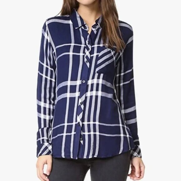 Rails Hunter Cadet Blue and White Plaid Flannel Button Front Top. Size L. - Picture 1 of 12